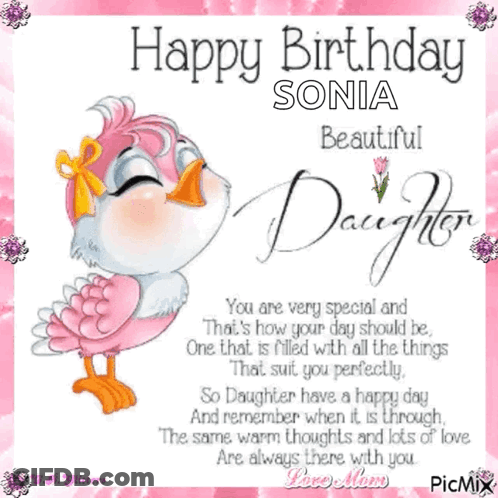 A Happy Birthday Card For A Daughter With A Pink Bird GIF