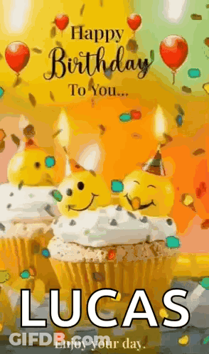 A Happy Birthday Card For Lucas With Cupcakes And Candles . GIF