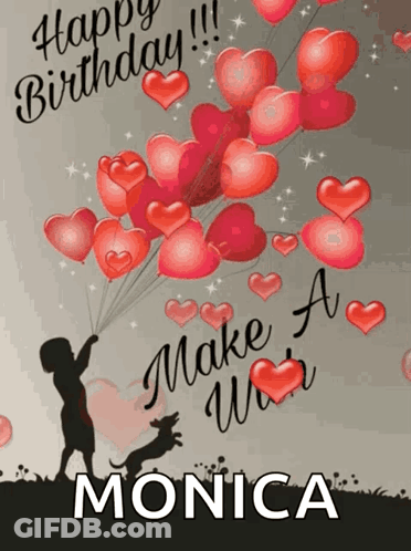 A Happy Birthday Card For Monica With Balloons And Hearts GIF