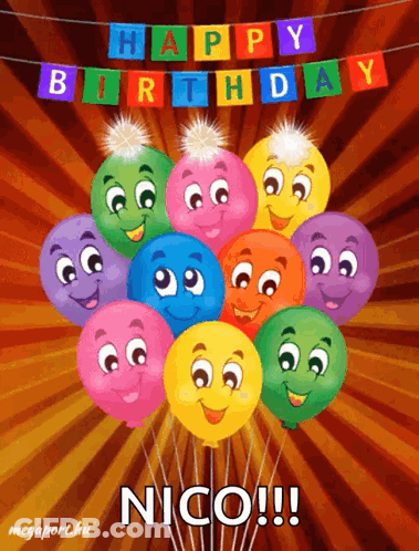 A Happy Birthday Card For Nico With A Bunch Of Balloons GIF