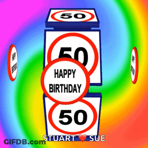 A Happy Birthday Card For Stuart And Sue With A Rainbow Background GIF