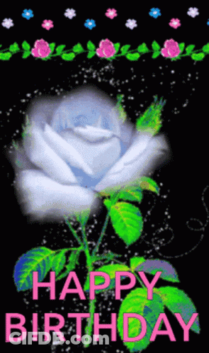 A Happy Birthday Card With A Blue Rose GIF