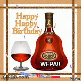 A Happy Birthday Card With A Bottle Of Cognac Next To A Glass GIF