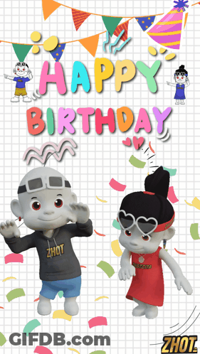A Happy Birthday Card With A Boy And A Girl Dancing GIF