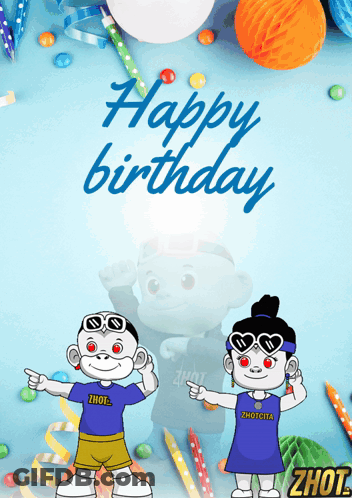 A Happy Birthday Card With A Boy And A Girl Standing Next To Each Other GIF