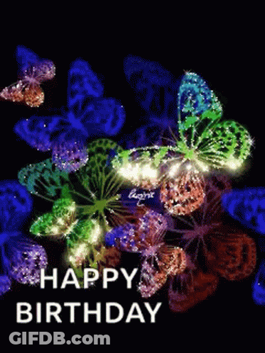 A Happy Birthday Card With A Bunch Of Butterflies On It GIF
