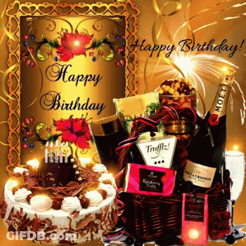 Happy Birthday Card With Cake And Champagne GIF