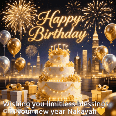 A Happy Birthday Card With A Cake And Balloons GIF