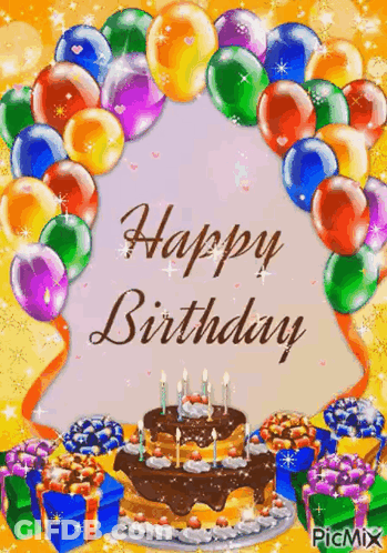 A Happy Birthday Card With A Cake And Balloons GIF