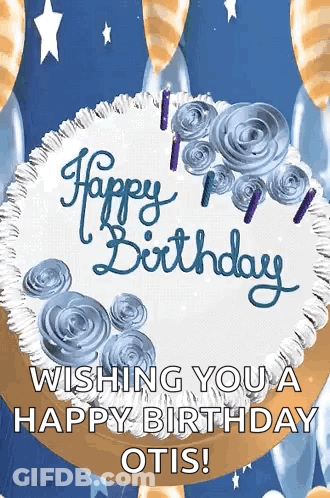 A Happy Birthday Card With A Cake And Balloons GIF