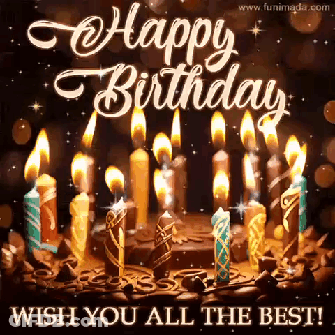 A Happy Birthday Card With A Cake And Candles . GIF