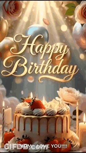 A Happy Birthday Card With A Cake And Candles GIF
