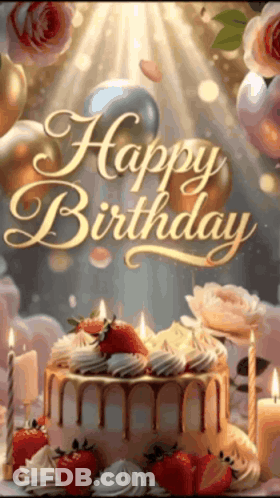 A Happy Birthday Card With A Cake And Candles On It GIF