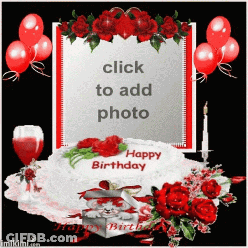 A Happy Birthday Card With A Cake And Flowers GIF