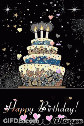 A Happy Birthday Card With A Cake And Hearts GIF