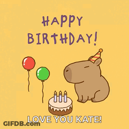 A Happy Birthday Card With A Capybara Wearing A Party Hat GIF