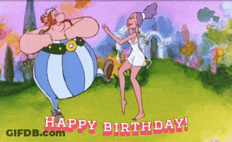 A Happy Birthday Card With A Cartoon Character And A Woman GIF