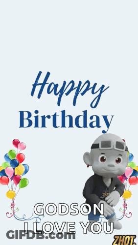 A Happy Birthday Card With A Cartoon Character Holding Balloons GIF