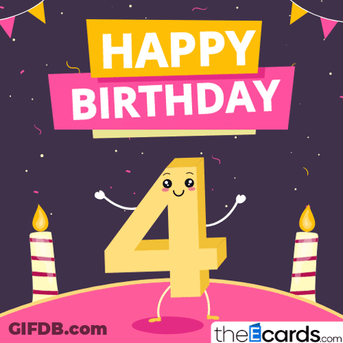 A Happy Birthday Card With A Cartoon Character Of The Number 4 GIF