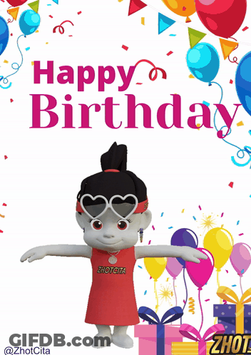 A Happy Birthday Card With A Cartoon Girl Wearing A Zhotcita Shirt GIF