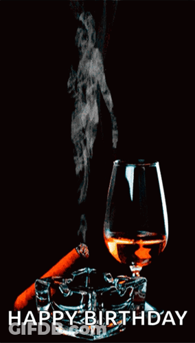 A Happy Birthday Card With A Cigar And A Glass Of Cognac GIF