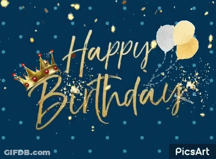 A Happy Birthday Card With A Crown And Balloons GIF