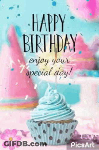 A Happy Birthday Card With A Cupcake And A Candle On It . GIF