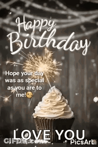 A Happy Birthday Card With A Cupcake And A Sparkler . GIF