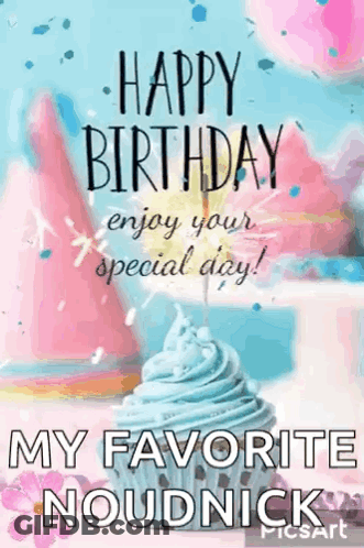 A Happy Birthday Card With A Cupcake And Cotton Candy On It . GIF