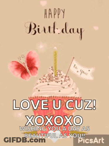 A Happy Birthday Card With A Cupcake With A Candle And Butterflies GIF