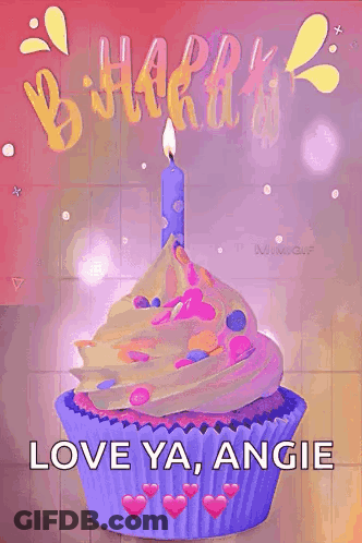 A Happy Birthday Card With A Cupcake With A Candle On Top GIF
