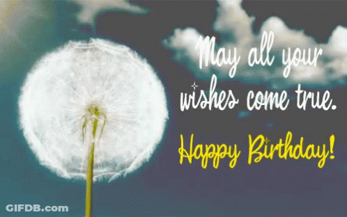A Happy Birthday Card With A Dandelion And The Words May All Your Wishes Come True GIF