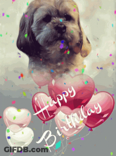 A Happy Birthday Card With A Dog And Hearts GIF