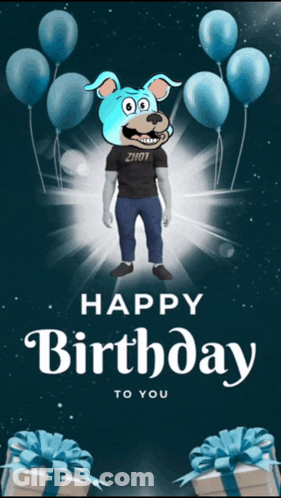 A Happy Birthday Card With A Dog Wearing A Shirt That Says Zhot GIF