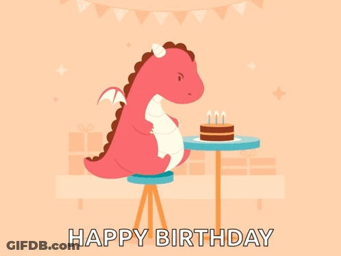 A Happy Birthday Card With A Dragon Sitting At A Table With A Cake On It GIF