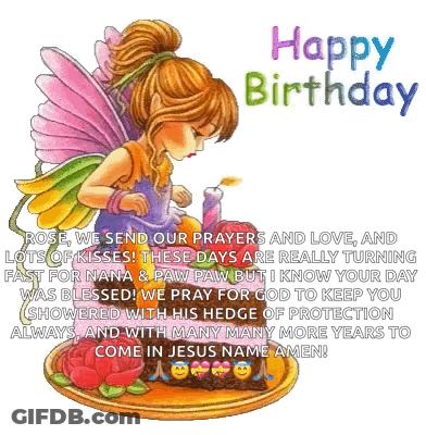 A Happy Birthday Card With A Fairy Holding A Candle And A Cake GIF