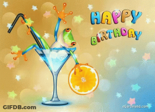 A Happy Birthday Card With A Frog In A Martini GIF