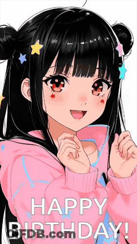 A Happy Birthday Card With A Girl With Black Hair GIF