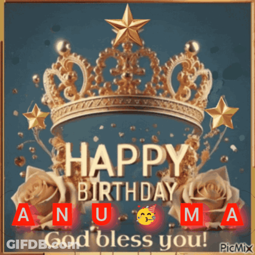 A Happy Birthday Card With A Gold Crown And Roses GIF