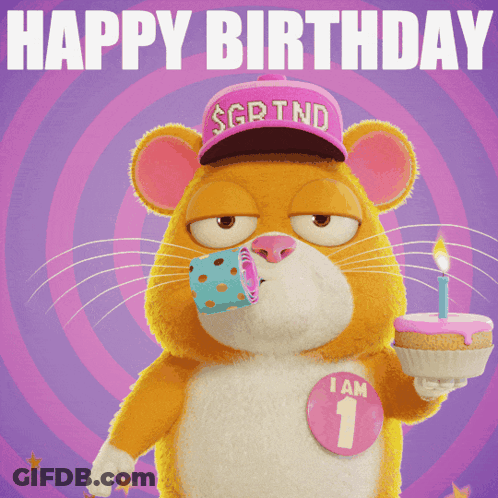A Happy Birthday Card With A Hamster Wearing A Hat And Holding A Cake GIF