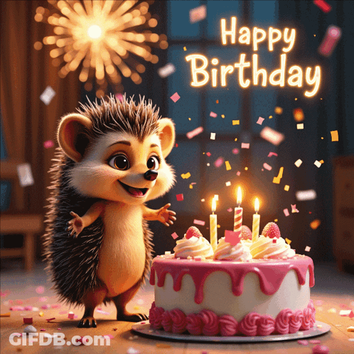 Hedgehog Next To Cake With Candles On Birthday Card GIF