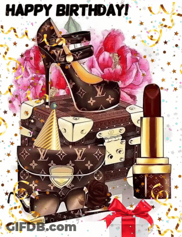 A Happy Birthday Card With A Louis Vuitton Suitcase And A Pair Of Shoes GIF