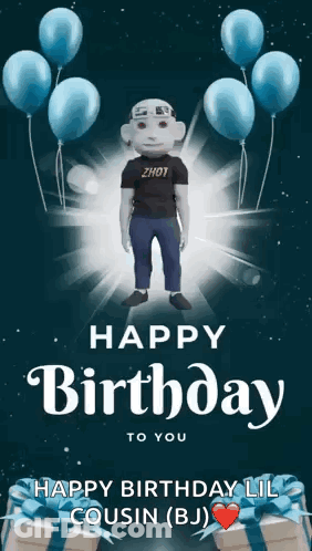 A Happy Birthday Card With A Man In A Shot Shirt And Balloons GIF