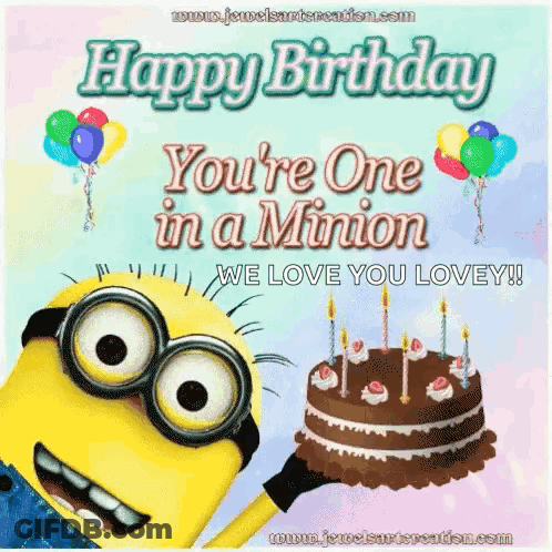 A Happy Birthday Card With A Minion Holding A Cake And Balloons . GIF