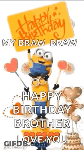 A Happy Birthday Card With A Minion Holding A Sign And Balloons . GIF