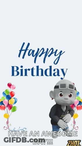 A Happy Birthday Card With A Monkey And Balloons And Confetti . GIF