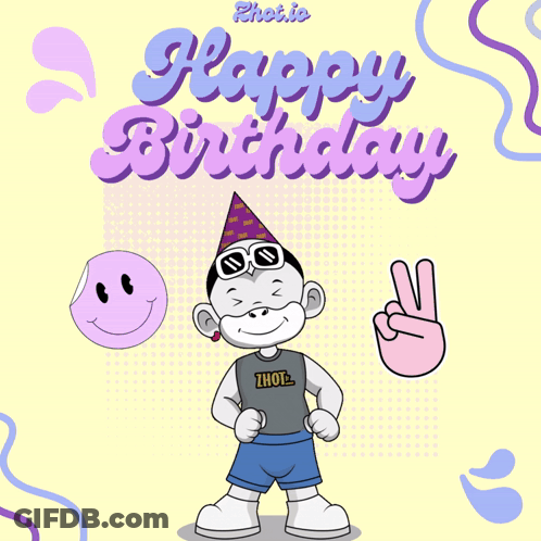 A Happy Birthday Card With A Monkey Wearing A Hat GIF