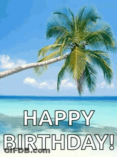 A Happy Birthday Card With A Palm Tree In The Foreground GIF