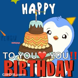 A Happy Birthday Card With A Penguin And A Cake GIF