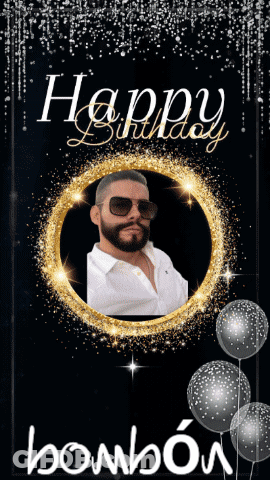 A Happy Birthday Card With A Picture Of A Man In A Gold Circle GIF